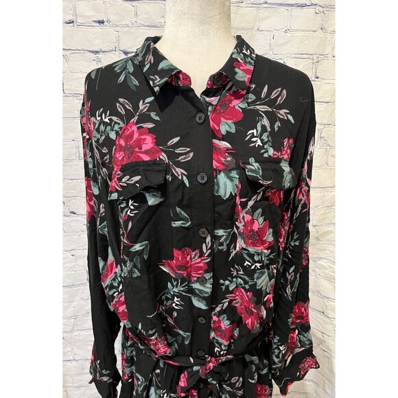 EVRI Long Floral Shirt Dress Rayon Stretch Waist Plus Size 3X - Picture 3 of 9